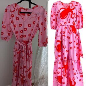 New Maude Vivante Pink Red Octopus Molly Maxi Dress Size Small Medium